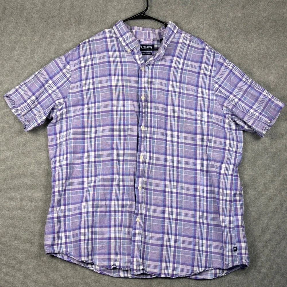 Chaps Linen Cotton Short Sleeve Plaid Button Down Shirt‎ XXL Purple